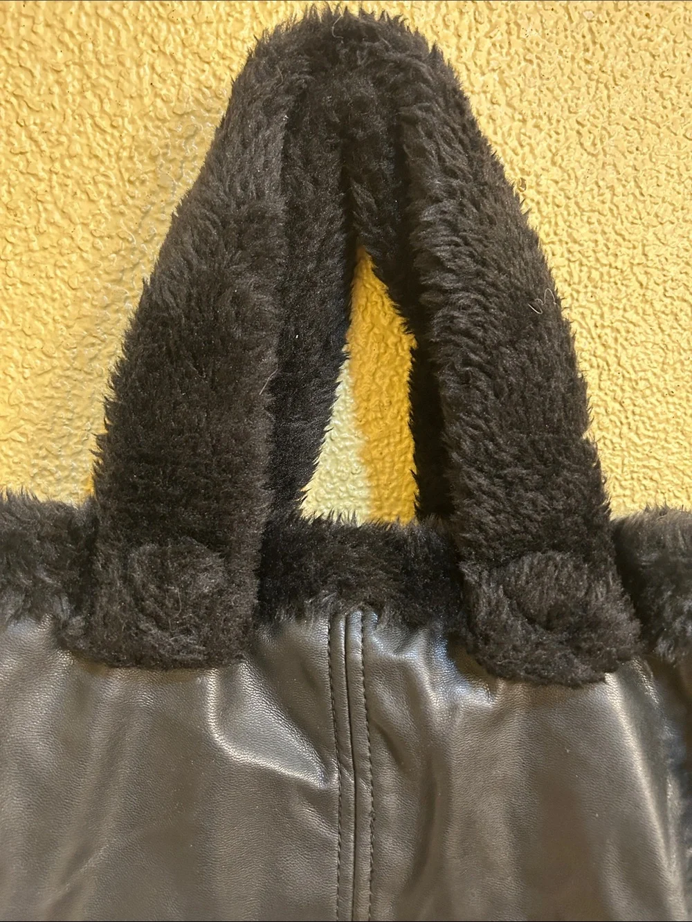 Black Faux Leather Tote with Plush Faux Fur Trim